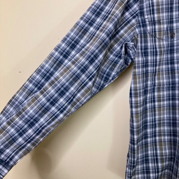 Filson Fishing Shirt Mens Small Navy Blue White Tan Plaid Lightweight Vented - Picture 5 of 10